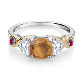 Gem Stone King 925 Silver and 10K Yellow Gold 3-Stone Ring Cushion Tiger Eye Half Moon Moissanite (1.66 Carat Cttw) (Size 6)