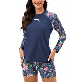 Halcurt Women's Built in Bra Rash Guard Long Sleeve Swimwear UPF 50 Two Piece Swim Shorts and Tops, Navy Blue Paisley, X-Large