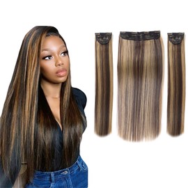 BHF Hair Extensions Clip Ins Blonde Brown - Long Straight Balayage Clip in Hair Extensions for Women clip in 3Pcs Set (140gram #4/27 Chocolate Brown and Strawberry Blonde Highlights 20INCH)