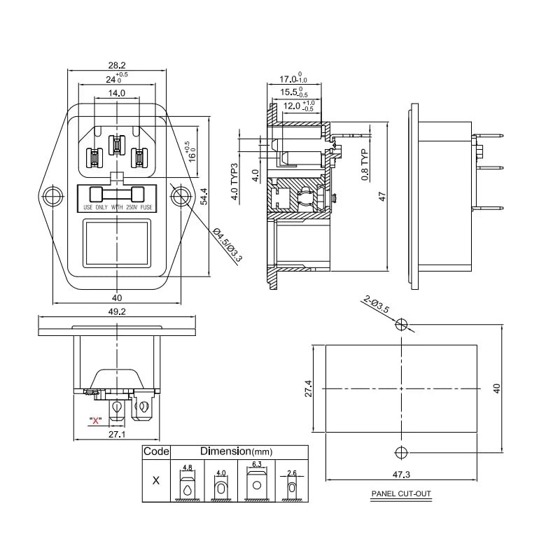 IEC Built-in Socket C14, with Black Switch and Fuse, 3-Pin