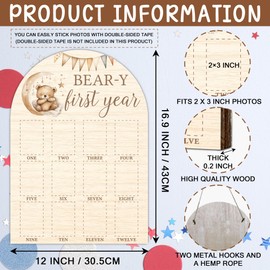 My First Year Milestone Photo Board, Bear Baby Milestone Signs, 12 Months Wooden Picture Frame, Nursery Gender Neutral Gifts for Girl Boy, Best Gifts for 1st Birthday Baby Shower Decorations-A06