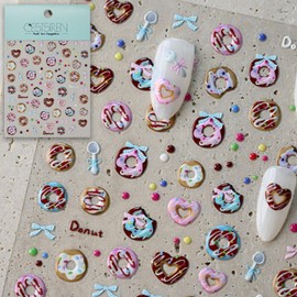 CESTSIREN Cute Donut Nail Art Stickers, Food Chocolate Doughnut Nail Decals, Self-Adhesive, Nail Accessories & Supplies, Durable & Long-Lasting