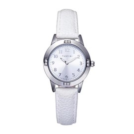 Girls Quartz Watch Cute Casual Watch Round Face Diameter 28mm PU Leather Strap Japan Movement Arabic Numeral Index Daily Waterproof, multicolor (white /silver), Classic