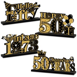 4 Pieces 50th Birthday Decorations Wooden Vintage 1973 Table Party Supplies, Black Gold Cheers to 50 Years Table Centerpieces Sign, Happy 50th Anniversary Bday Hello Fifty Table Decor