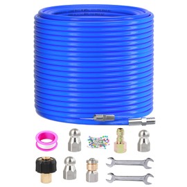 Sewer Jetter Kit for Pressure Washer 150FT, 5800 PSI Water Jet Drain Cleaner Hose 1/4 Inch NPT Corner, Rotating and Button Sewer Jetting Nozzles, Waterproof Tape, Spanners, and Pearl Corsage Pin