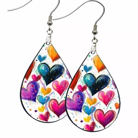 the fun things Rainbow Hearts Valentine's Day Earrings Teardrop NO TARNISH Wood Dangle