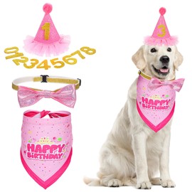 Dog Birthday Party Supplies, Dog Birthday Hat, Cat Birthday Decorations Hat Bandana Bow Tie Collar Set with Number for Large Medium Small Pet(Pink)