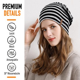 Slouch Beanie Hat, Soft Thin Cotton Hat, Lightweight Breathable Long Beanie, Jersey Chemo Hat, Elastic Running Hat for All Seasons, Black stripe