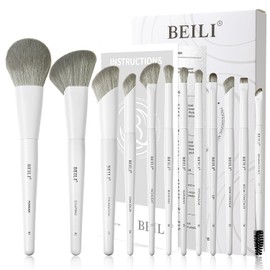 BEILI Set de Brochas de Maquillaje, Set de Brochas de Maquillaje Blancas, 12 Brochas Veganas para Base en Polvo, Corrector, Cejas, Sombras de Ojos, Contorno, Delineador de Ojos, Brocha para Difuminar(