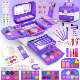 Auney Children's Make-Up Set Girls' 80 Pieces Washable Make-Up Set Girls Dressing Table Children's Make Up Set Girls Toy Unicorn Gifts for Girls 4-10 Years (Purple)