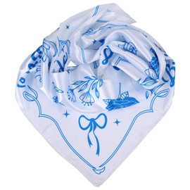 lasuroa Bridal Head Scarf, 23.62x23.62in Bachelorette Bandana White and Blue Silk Hat Scarf Elegant Bridal Hijab Wedding Handkerchief Bridesmaid Headwear for Beach Party Accessory
