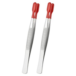 PATIKIL Craft Tweezers with Rubber Tips, 2 Pcs PVC Coated Tweezers Set Long Stainless Steel Bent Straight Flat Tip for Stamp Sticker Crafts Beads Jewelry Tools, Red 4.3"