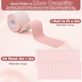 Jupwalz 1 Roll Moleskin for Feet (2" by 15 Feet) with 20ct Moleskin Adhesive Pads, Strong Adhesive Blister Prevention Pads Mole Skin Tape for Feet Heel Shoes - Pink