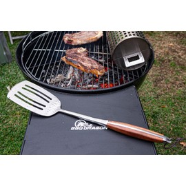 BBQ Dragon Luxury 3 Piece Stainless Steel Exotic Rosewood Handles Grill Tool Set - 18” Heavy-Duty Spatula, Tongs, & Fork - Leather Hanging Strap - 1.8 mm Thick 430 Stainless Steel - Long Handles