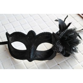 STUNNING BLACK FLOWER WITH LONG FEATHERS MIDNIGHT BLACK VENETIAN MASQUERADE CARNIVAL PARTY EYE MASK
