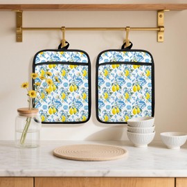 Fyecoluo Baroque Lemon Floral Pot Holders 2 Pack Set, Lemon Kitchen Decor, Yellow and Blue Lemons Botanical Heat Resistant Oven Hot Pads for Kitchen Countertop Baking Cooking，072 Potholder