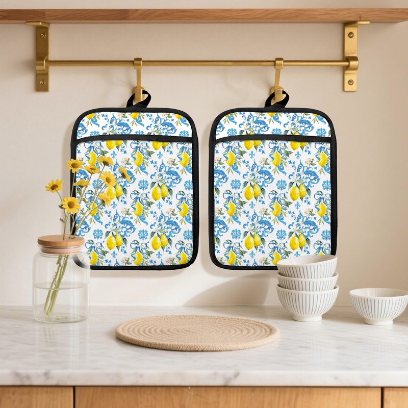 Fyecoluo Baroque Lemon Floral Pot Holders 2 Pack Set, Lemon