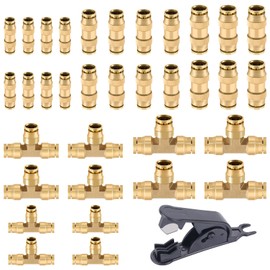 CheeMuii 35 PCS Brass DOT Air Line Fittings Kit 1/4 3/8 1/2 DOT Quick Connect Air Fittings Straight & Tee Union Push to Connect Air Hose Fittings for Semi Truck Trailers Air Brake System
