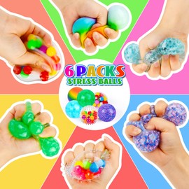 Pack of 6 Stress Balls, Anti-Stress Toy Children, Squishy Stress Ball, Squeeze Ball, Fidget Toys, Stress Relief Toy for Children, Adults, Birthday Gifts, ADHD, Autism (A)