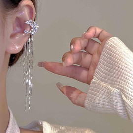 Aneneiceera Boho Crystal Moon Chain Cuff Earrings Silver Cz Moon Ear Cuff Earrings Long Chain Clip on Earrings Rhinestone Earcuff Earrings Jewelry for Women (Left)