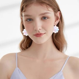 unixmoment Bohemian Handmade Colorful Resin Flower Floral Camellia Dangle Drop Leverback Earrings For Women (Blue Pink)