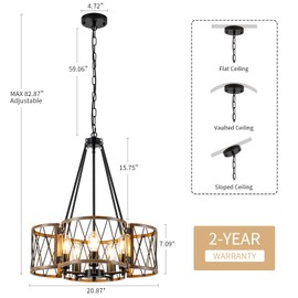 LUZBBLU 20.8'' Farmhouse Chandeliers for Dining Room, 5-Light Rustic Chandelier Wood Grain Metal Round Hanging Light Fixture, Vintage Drum Pendant Lights for Living Room, Bedroom, Kitchen, Entryway