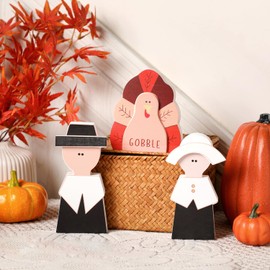 Amorita 3 Pcs Fall Pilgrim Decorations for Thanksgiving Wooden Turkey Table Sign Fall Thanksgiving Decor Standing Tabletop Sign Decor for Autumn Harvest - Z