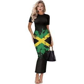 Hdjxbdhsv Women's Jamaican Flag Maxi Dress Summer Casual Crewneck Short Sleeve Bodycon Dresses, Size xS-4XL