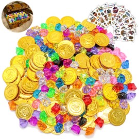 Seasboes 160 Pieces Pirate Treasure, Treasure Hunt Treasures for Pirates, Pirate Gemstones, Pirate Gold Coins, Stickers, Toys for Children, Pirate Party Bags for Children's Birthday Parties