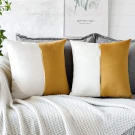 Artscope Set of 2 Velvet Cushion Cover for Sofa Car Bedroom Luxurious Modern Minimalist Golden Leather Stitching Decorative Cushion Cover Cushion Case 45 x 45 cm (Golden and White)
