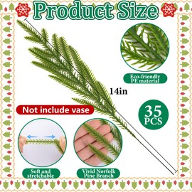 Watayo 45 Pcs Christmas Norfolk Pine Branches with Red Berry Stems- 14" Artificial Greenery Norfolk Pine Stems Sprigs- Fake Foliage Pine Needles Picks for DIY Craft Garland Home Decoration
