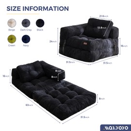 MAXYOYO Folding Sofa Bed, L-Shaped Convertible Sofa with Armrest Foldable Sleeper Bed with Pillow, Comfy Floor Lounge for Living Room Bedroom, Black