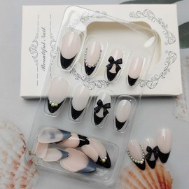 24Pcs Black French Tip Press on Nails Almond Medium Fake Nails with Glitter Rhinestones Nails Tips False Nails Cute Artificial Glue on Nails Bow Charms Stiletto Stick on Acrylic Nails for French Nails