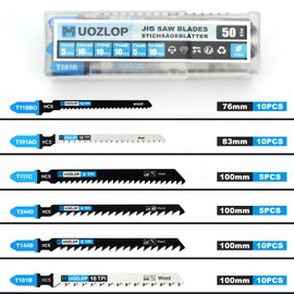 MUOZLOP 50pcs Jigsaw Blades，Jig Saw Blades with Storage Case,T-Shank jig Saw Blades for Wood, Metal Cutting (50pcs（T111C /T101AO /T101B/T144D/T244D /T119B0）)