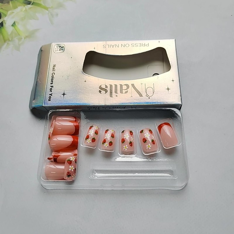 24 Pcs Pink Press On Nails Short Square,YEFIUO Spring Summer