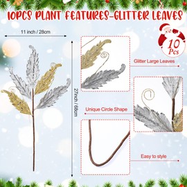 HyDren 10 Pcs 27" Christmas Glitter Leaves Large Ornaments for Christmas Tree Picks Sprays Artificial Stems Branches Twigs Sprigs Floral for Xmas Tree Wreath Garland Vase DIY Decor(Gold and Silver)