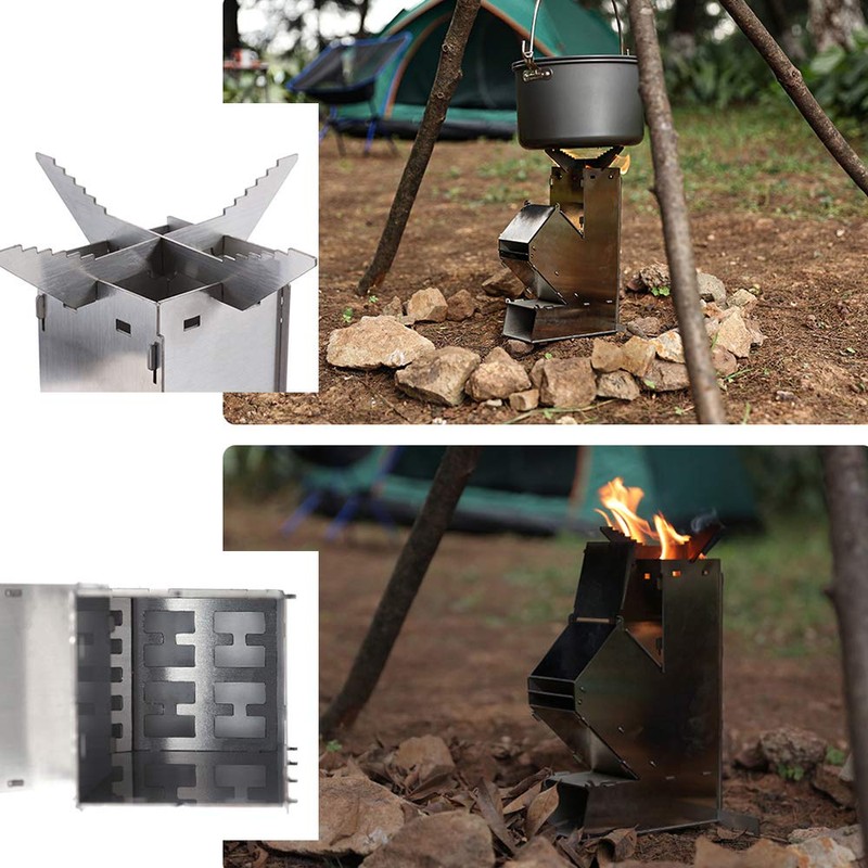 Outdoor Collapsible Wood Burning Stove Detachable Portable Stainless Steel Rocket