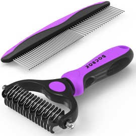 Docrok Pet Grooming Brush and Metal Comb Combo - Undercoat Rake for Dematting and Deshedding Long Matted Haired Dogs and Cats, Purple