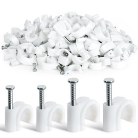 Cable Wire Clips - 100 Pcs White Cable Clips 8mm 10mm Wire Staples Wall Cables Management with Steel Nails Cord Holder for Wires, Ethernet, Cord Organization