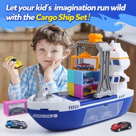 CUTE STONE Cargo Ship Toy & Gantry Crane, Toy Boat and Crane Playset with Sounds & Lights, Transport Containers, Push and Go Vehicle Cars, Kids Play Boats for Boys Girls