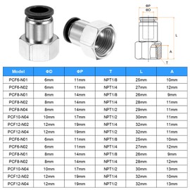 sourcing map 10pcs Push to Connect Fittings 12mm Tube OD x 1/2" NPT Thread Female Straight Pneumatic Tube Fittings PCF12-N04 Quick Connect Air Line Fittings Air Hose Fittings, Black