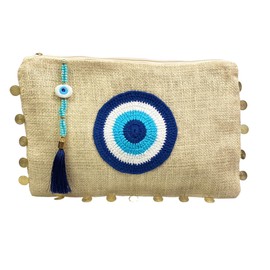 Evil Eye Clutch Bag Eco Friendly Jute Handheld Purse Large Space Zipper Closure Wipeable Liner Crystal Decoration