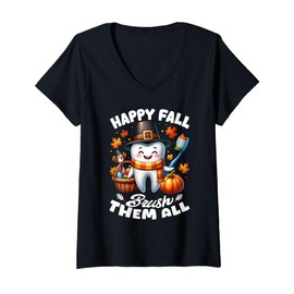 Womens Happy Fall Brush Them All Tooth Dentist Dental Autumn Funny V-Neck T-Shirt