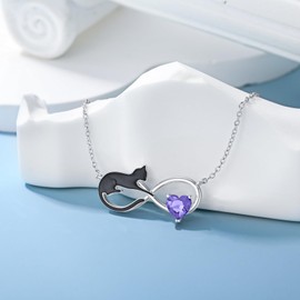 SLIACETE Black Cat Necklace with Birthstone for Women, 925 Sterling Silver Infinity and Cat Necklace Jewellery Gifts for Cat Lovers, Sterling Silver, Alexandrite