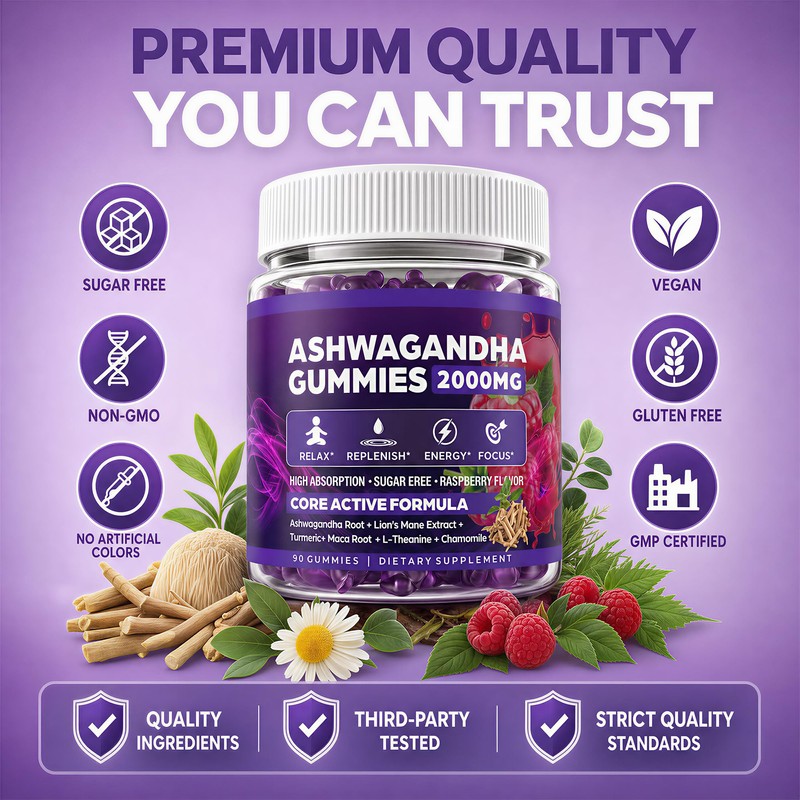 Ashwagandha Gummies, 2000mg Organic Ashwagandha for Women and Men, 90