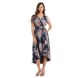 R&M Richards Women's Bloom Hi-Lo Daytime Dress, Navy/Coral