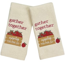 Serafina Home Autumn Fall Bathroom Fingertip Towels – Set of 2 Ivory Cream Off White 100% Cotton with Embroidered “Gather Together” Apple Design – 12" x 18" Decorative Bath & Kitchen Towels