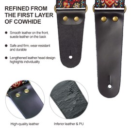 Vintage Embroidered Cotton Guitar Straps with Genuine Leather Ends for Bass, Electric & Acoustic Guitars, Come with Free Strap Button, 1 Pair Strap Locks and 4 Guitar Picks (Red Flower)