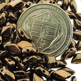 Czech Glass GemDuo Beads, 2-Hole Diamond Shaped Beads 5x8mm, 10 Grams, Jet Bronze Metallic