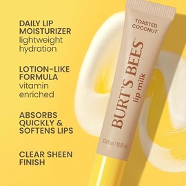 Burt's Bees Leche labial, hidratante diario de labios, coco tostado, bálsamo labial hidratante enriquecido con vitaminas con leche de almendras y aceite de jojoba, hidratante para labios más suaves, 1 tubo, 0.34 onzas líquidas